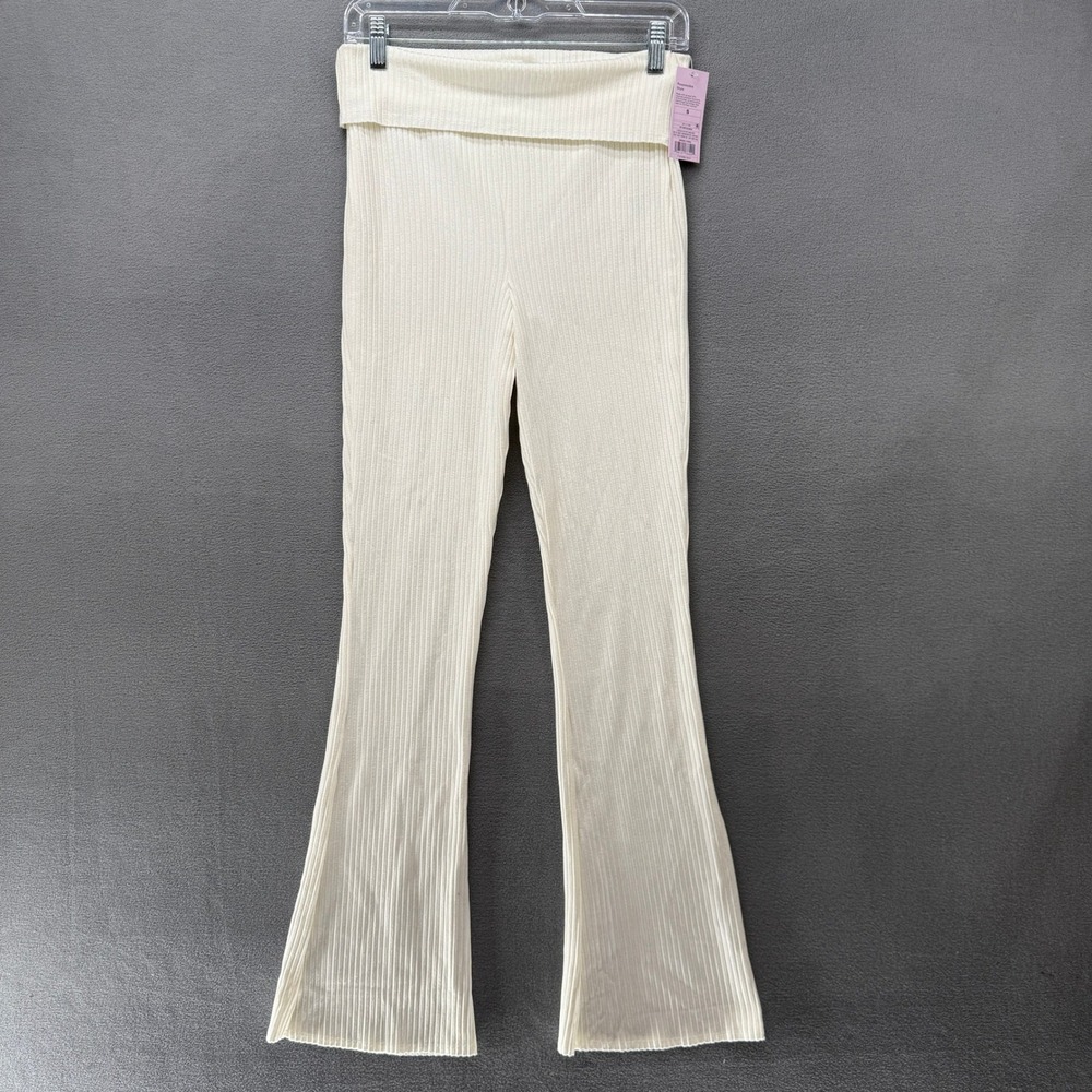 Wild Fable Off White Ribbed Knit Flare Pants Fold Over Waist Small NWT